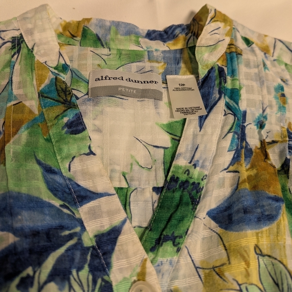 Alfred Dunner Blue Green Floral Blouse 100% Cotton - Picture 4 of 7
